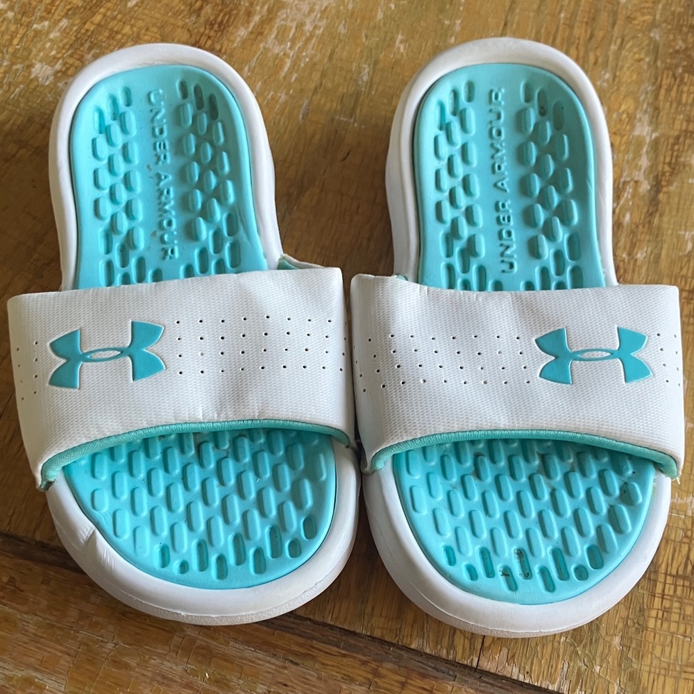Under Armour Kids Slide Sandals - White and Aqua
